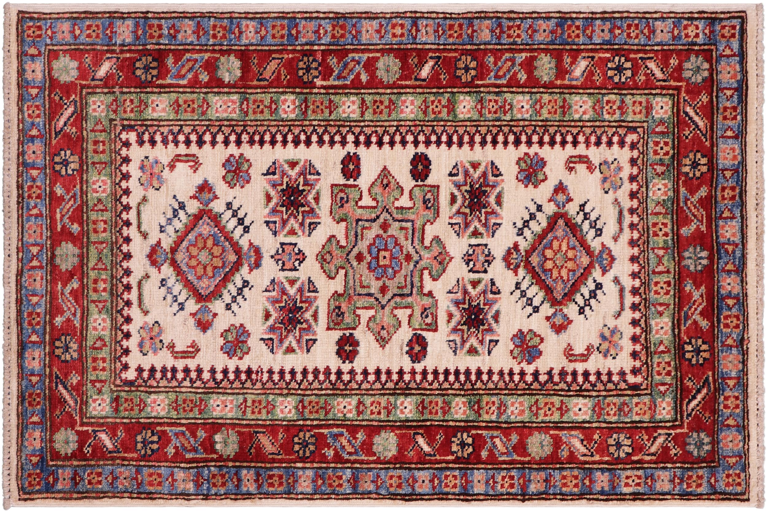handmade Geometric Super Kazak Beige Red Hand Knotted RECTANGLE 100% WOOL area rug 2' x 3'