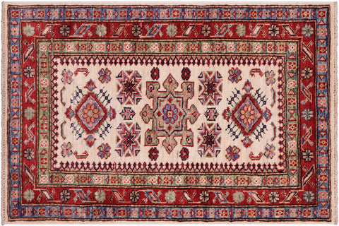 handmade Geometric Super Kazak Beige Red Hand Knotted RECTANGLE 100% WOOL area rug 2' x 3'