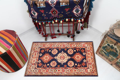handmade Geometric Super Kazak Blue Beige Hand Knotted RECTANGLE 100% WOOL area rug 2' x 3'