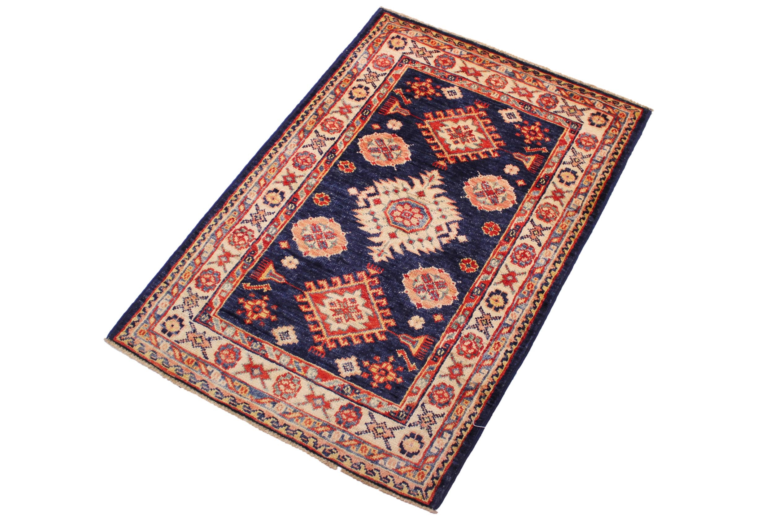 handmade Geometric Super Kazak Blue Beige Hand Knotted RECTANGLE 100% WOOL area rug 2' x 3'