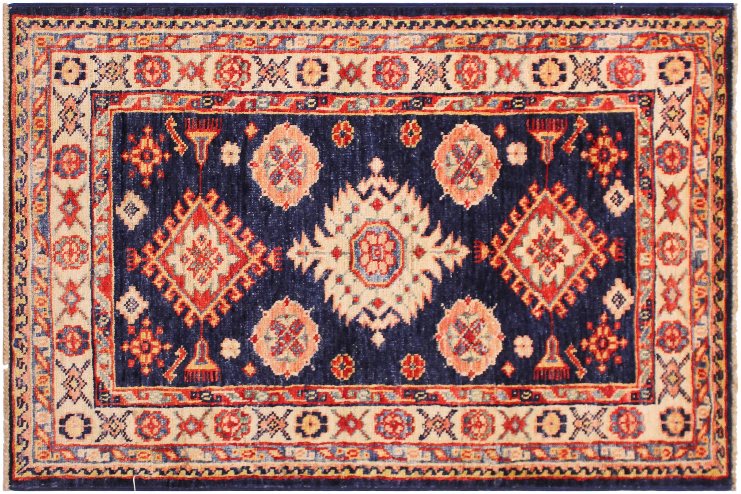 handmade Geometric Super Kazak Blue Beige Hand Knotted RECTANGLE 100% WOOL area rug 2' x 3'