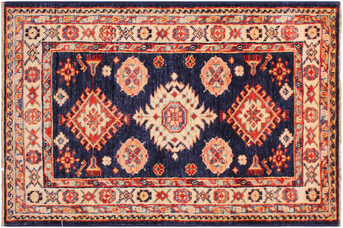 handmade Geometric Super Kazak Blue Beige Hand Knotted RECTANGLE 100% WOOL area rug 2' x 3'