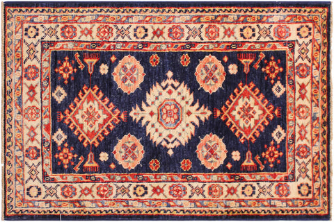 handmade Geometric Super Kazak Blue Beige Hand Knotted RECTANGLE 100% WOOL area rug 2' x 3'