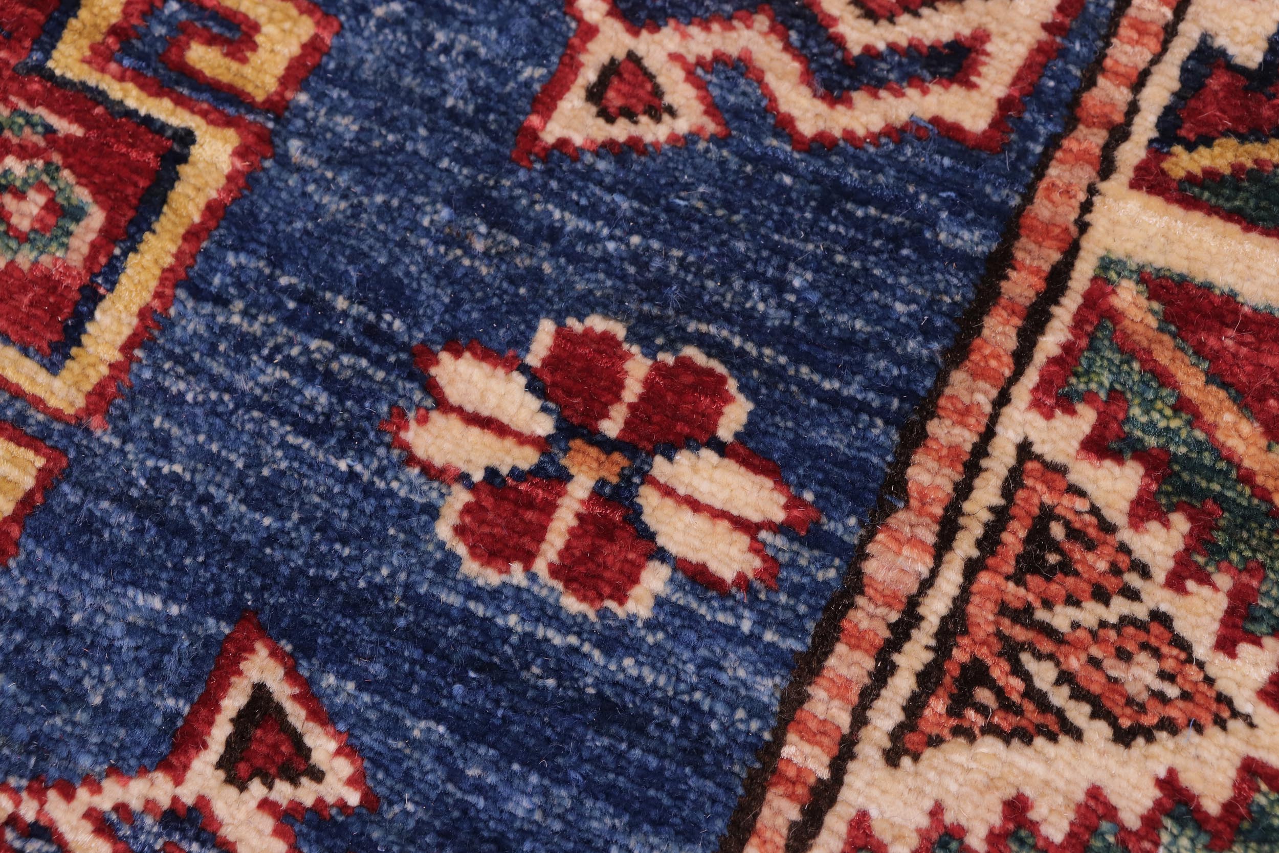 handmade Geometric Super Kazak Blue Beige Hand Knotted RECTANGLE 100% WOOL area rug 3' x 4'