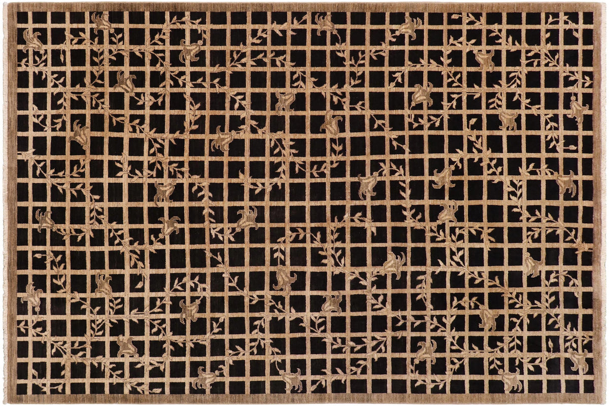 handmade Modern Kafkaz Black Tan Hand Knotted RECTANGLE 100% WOOL area rug 9' x 12'