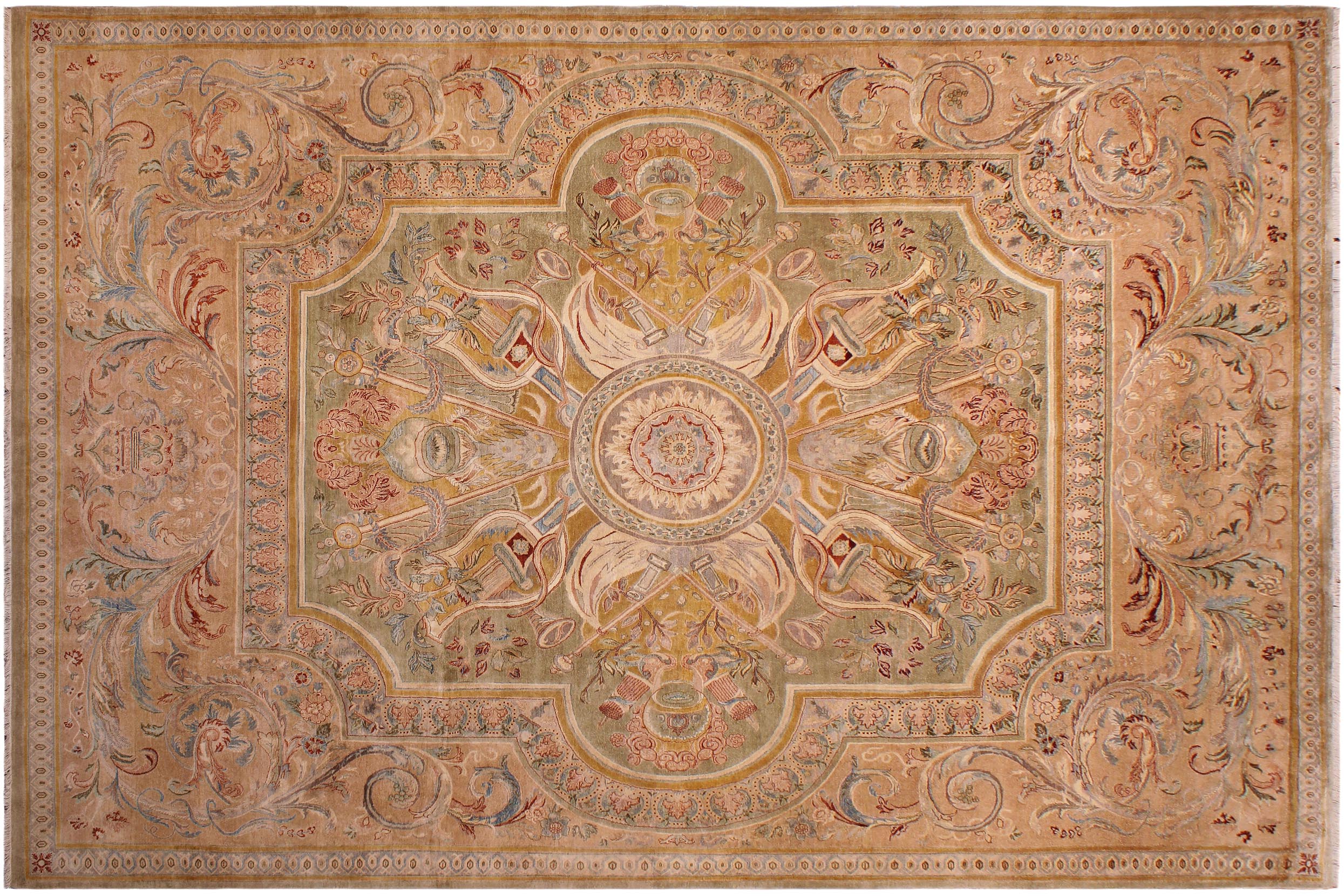 handmade Traditional Firdous Lt. Green Tan Hand Knotted RECTANGLE 100% WOOL area rug 9x13