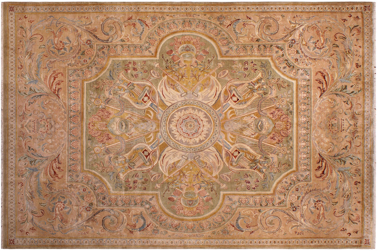 handmade Traditional Firdous Lt. Green Tan Hand Knotted RECTANGLE 100% WOOL area rug 9x13