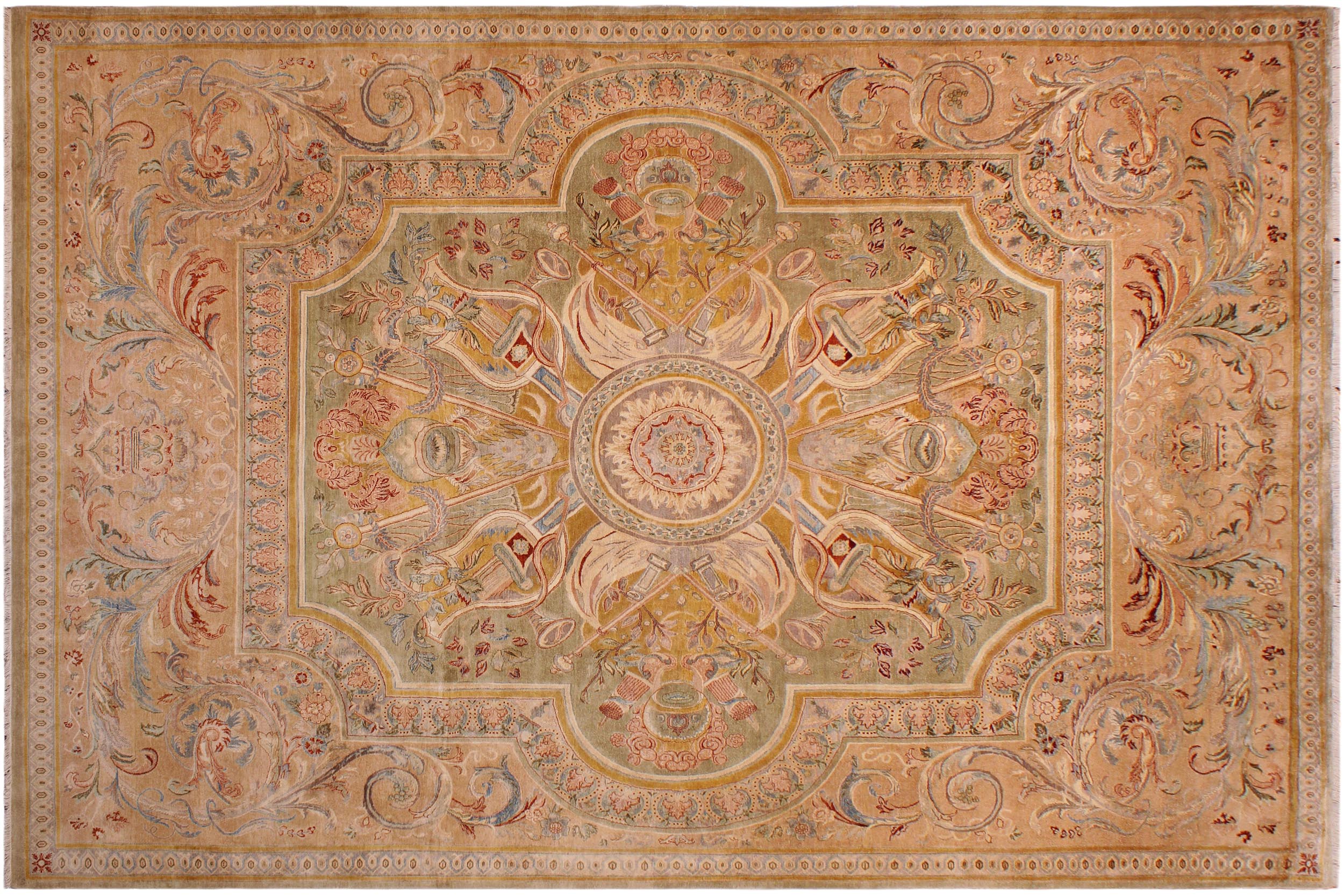 handmade Traditional Firdous Lt. Green Tan Hand Knotted RECTANGLE 100% WOOL area rug 9 x 13