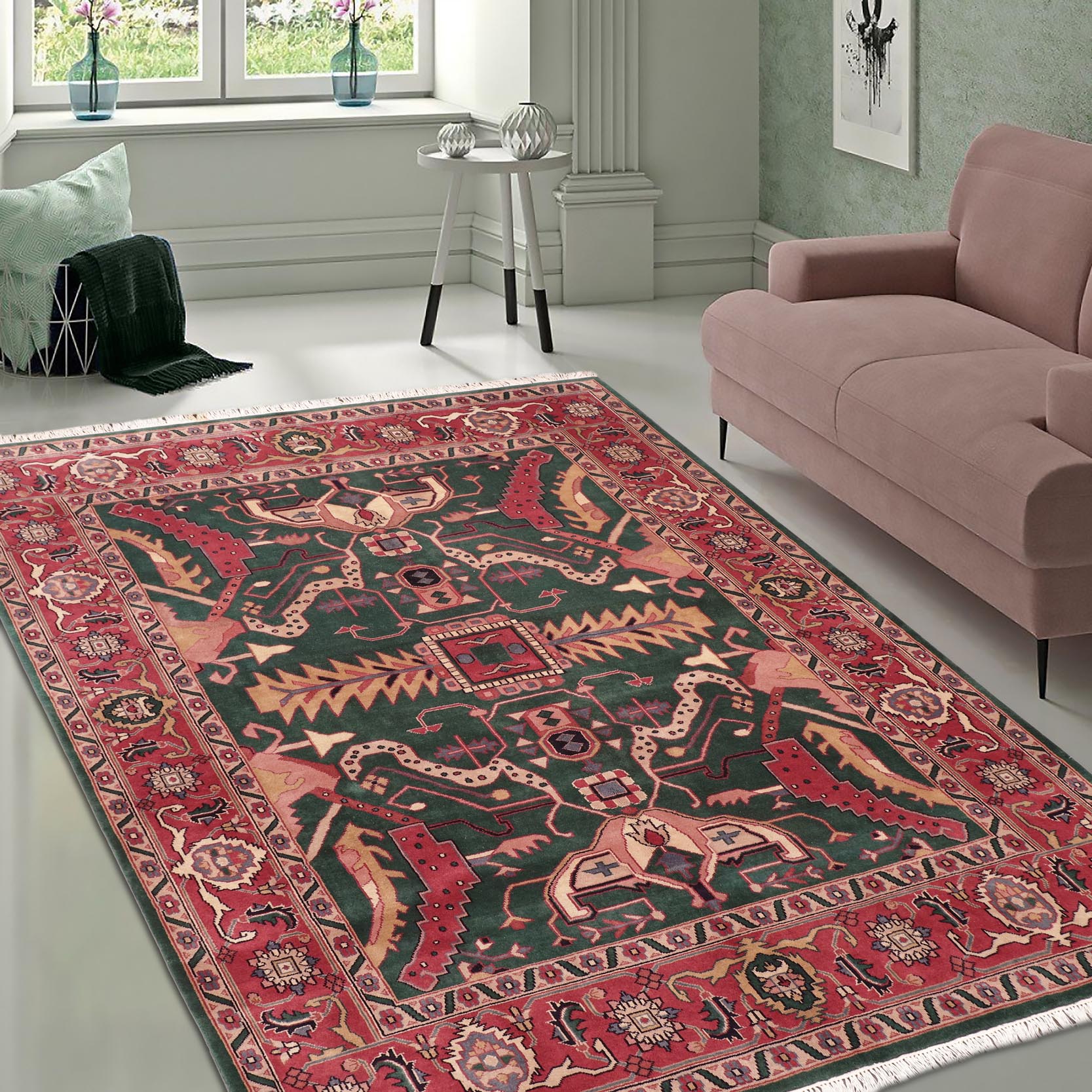 handmade Traditional Loose Weave Green Rust Hand Knotted RECTANGLE 100% WOOL area rug 8' x 10'