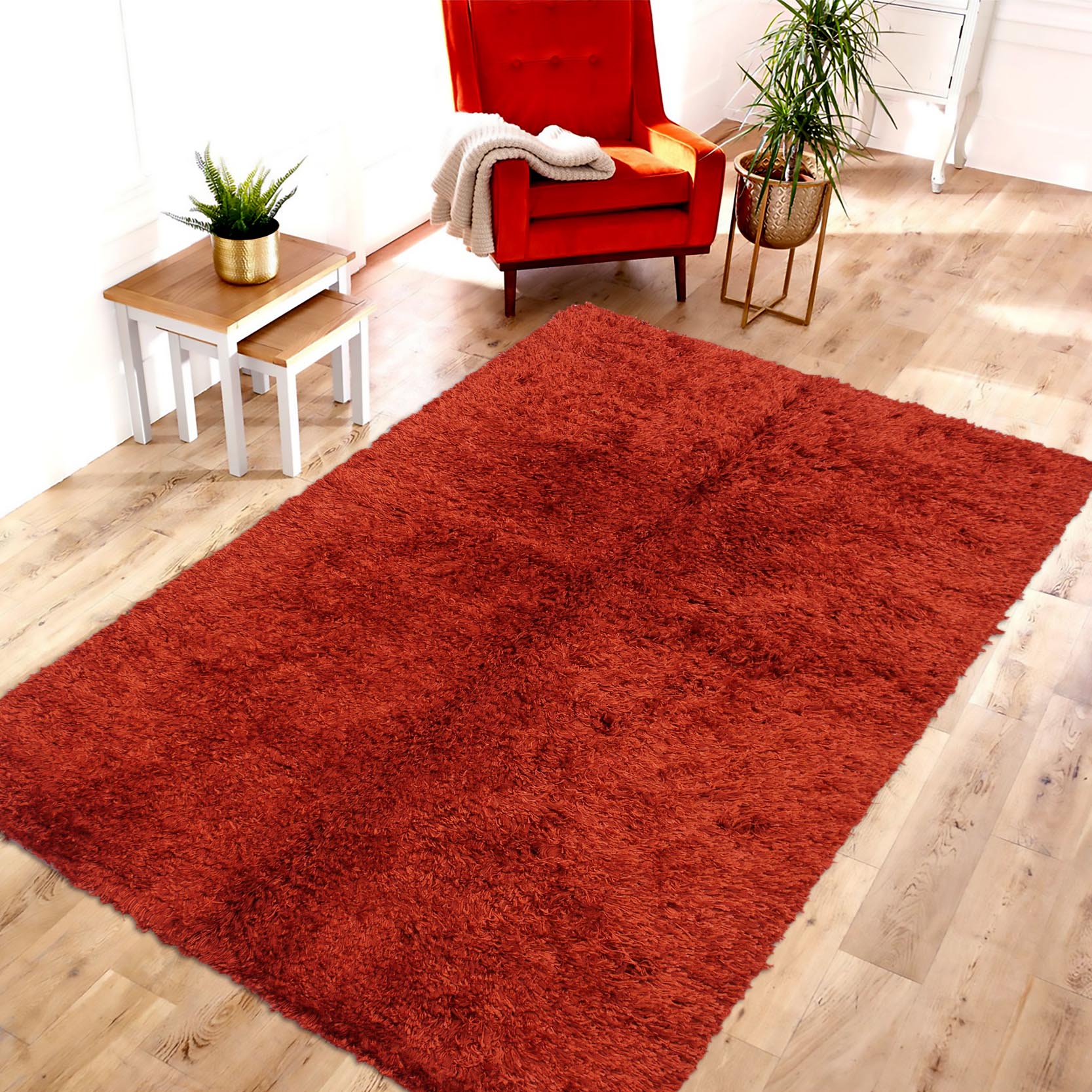 handmade Modern Shag Red Rust Hand Knotted RECTANGLE 100% WOOL area rug 5 x 8