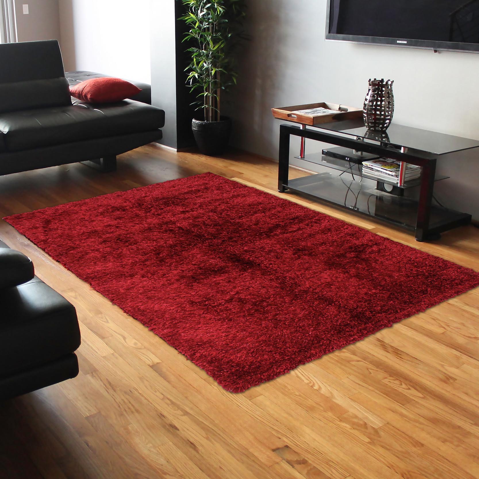 handmade Modern Shag Red Red Hand Knotted RECTANGLE 100% WOOL area rug 5 x 8