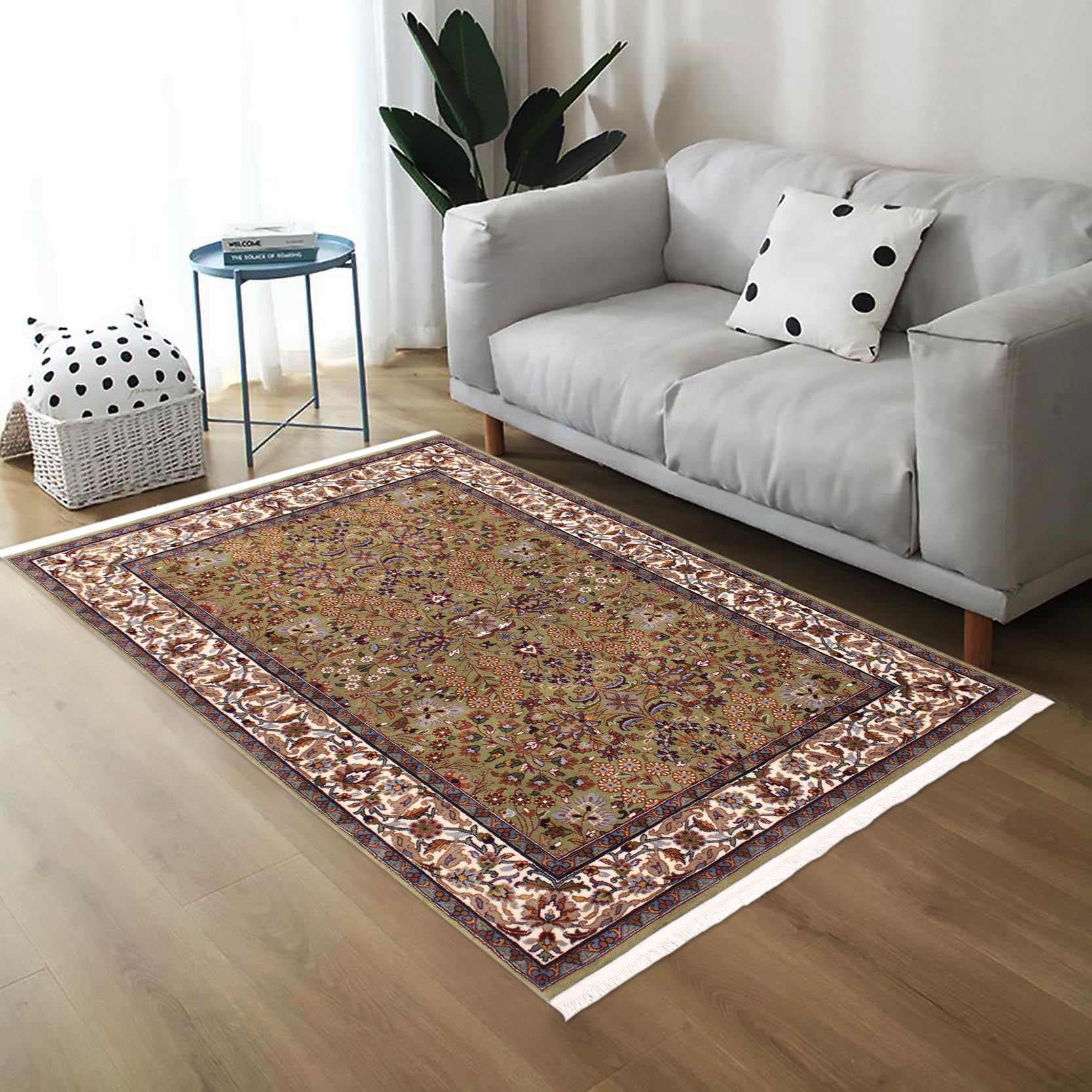 handmade Traditional Hereke Green Ivory Hand Knotted RECTANGLE WOOL&SILK area rug 4' x 6'