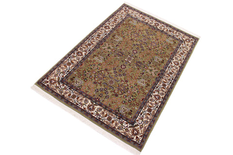 handmade Traditional Hereke Green Ivory Hand Knotted RECTANGLE WOOL&SILK area rug 4' x 6'