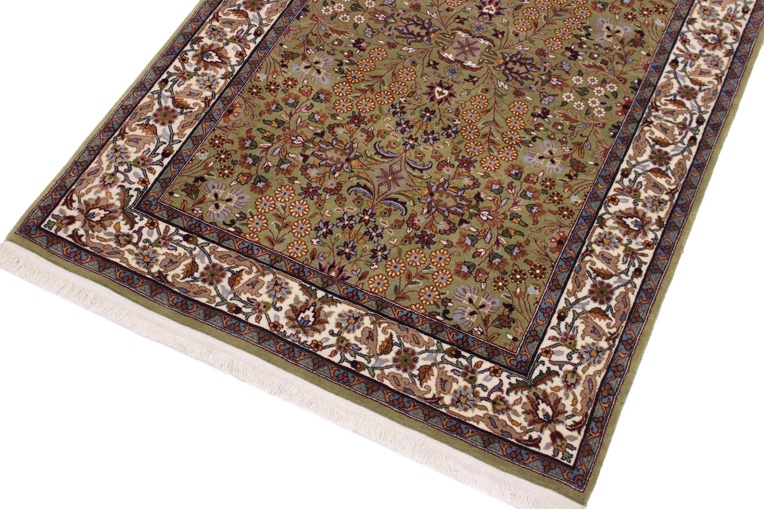 handmade Traditional Hereke Green Ivory Hand Knotted RECTANGLE WOOL&SILK area rug 4' x 6'