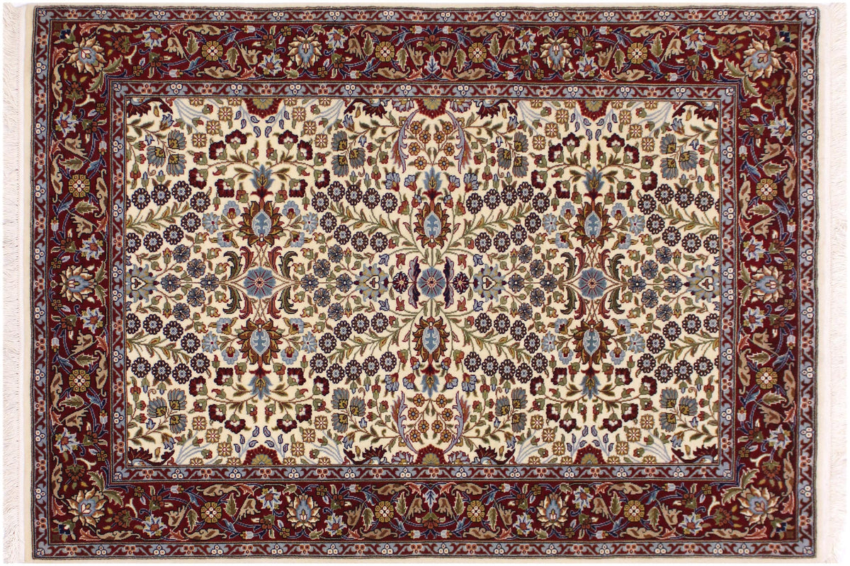 handmade Traditional Hereke Ivory Red Hand Knotted RECTANGLE WOOL&SILK area rug 4' x 6'