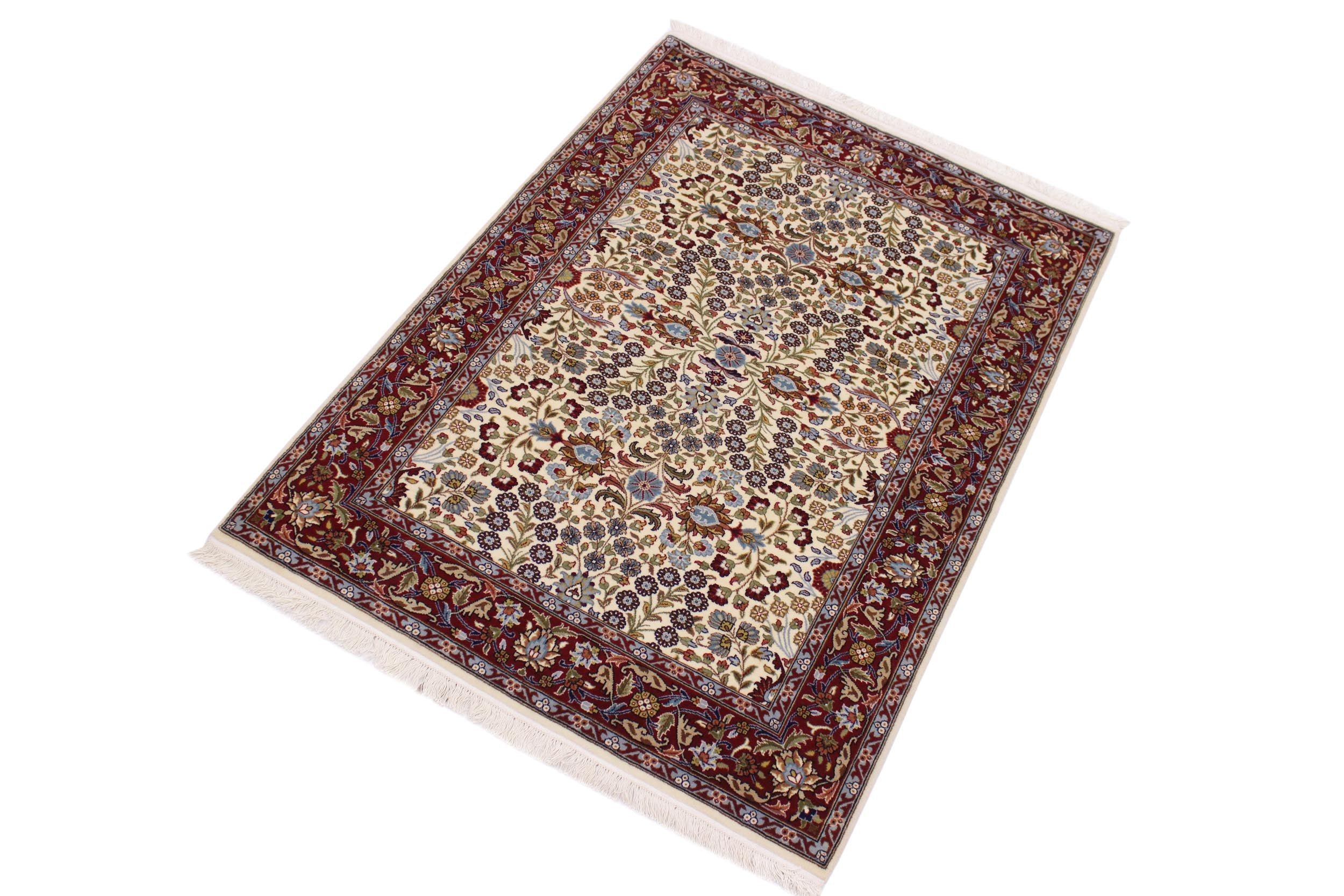 handmade Traditional Hereke Ivory Red Hand Knotted RECTANGLE WOOL&SILK area rug 4' x 6'