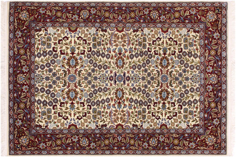 handmade Traditional Hereke Ivory Red Hand Knotted RECTANGLE WOOL&SILK area rug 4' x 6'
