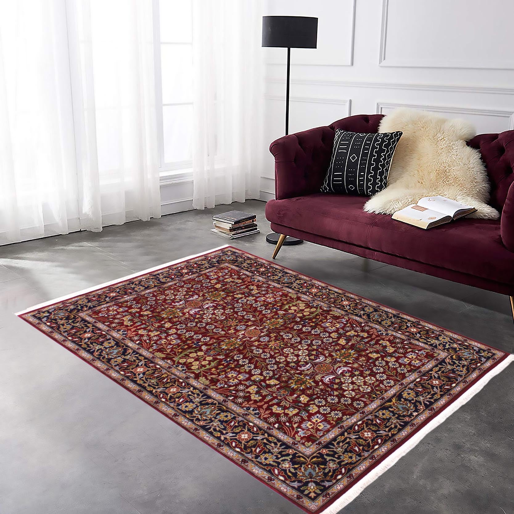handmade Traditional Hereke Red Blue Hand Knotted RECTANGLE WOOL&SILK area rug 4' x 6'