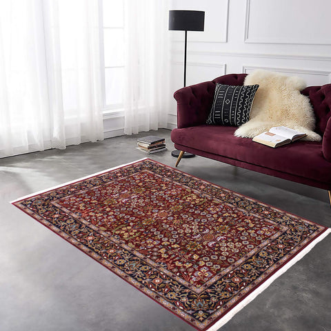 handmade Traditional Hereke Red Blue Hand Knotted RECTANGLE WOOL&SILK area rug 4' x 6'