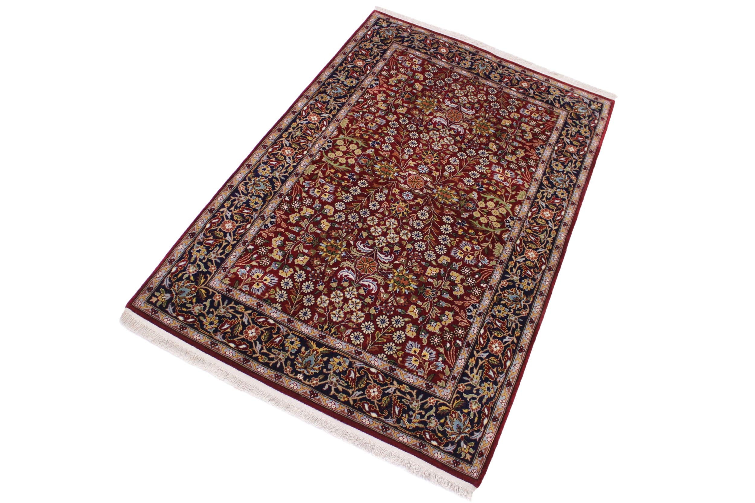 handmade Traditional Hereke Red Blue Hand Knotted RECTANGLE WOOL&SILK area rug 4' x 6'