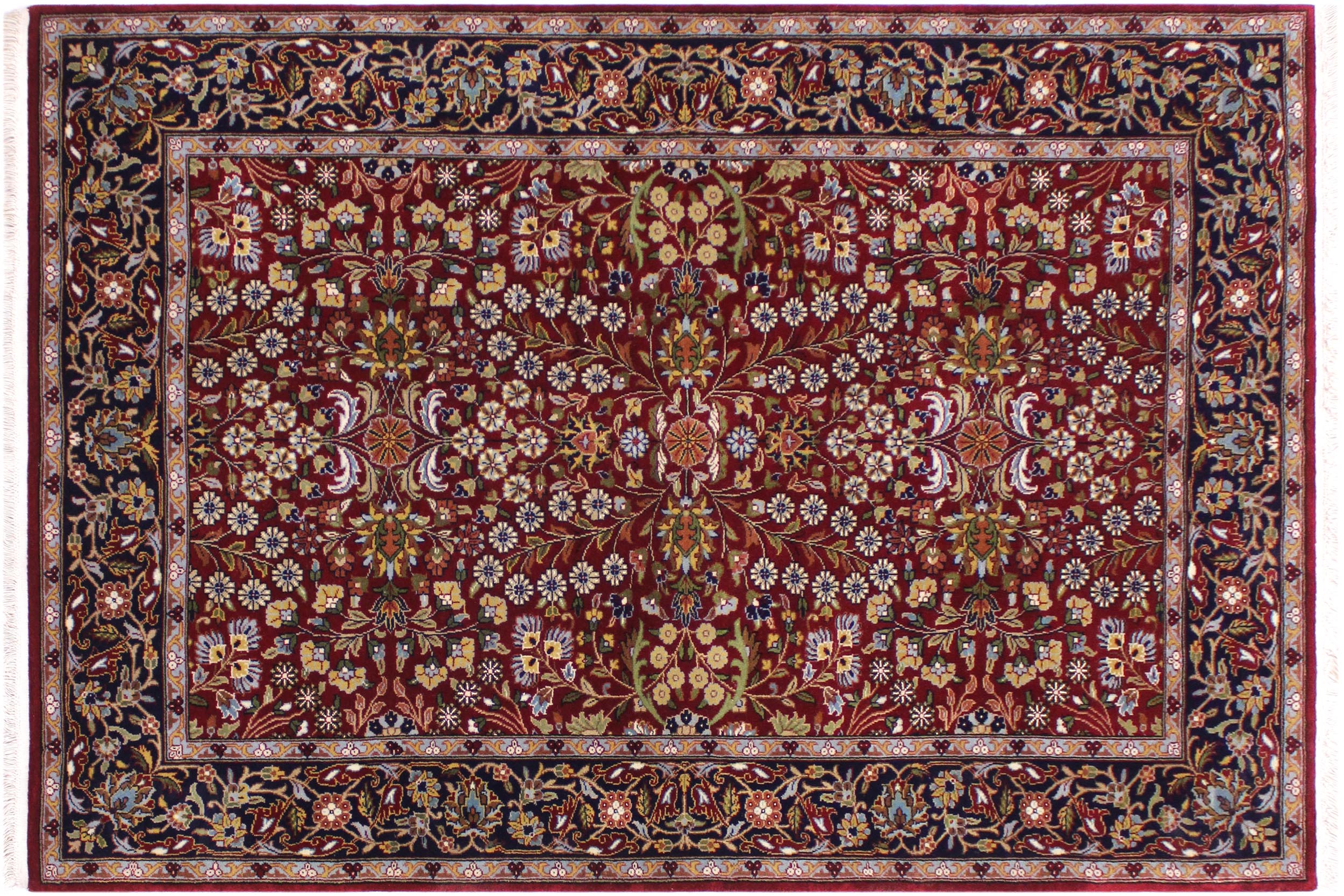 handmade Traditional Hereke Red Blue Hand Knotted RECTANGLE WOOL&SILK area rug 4' x 6'