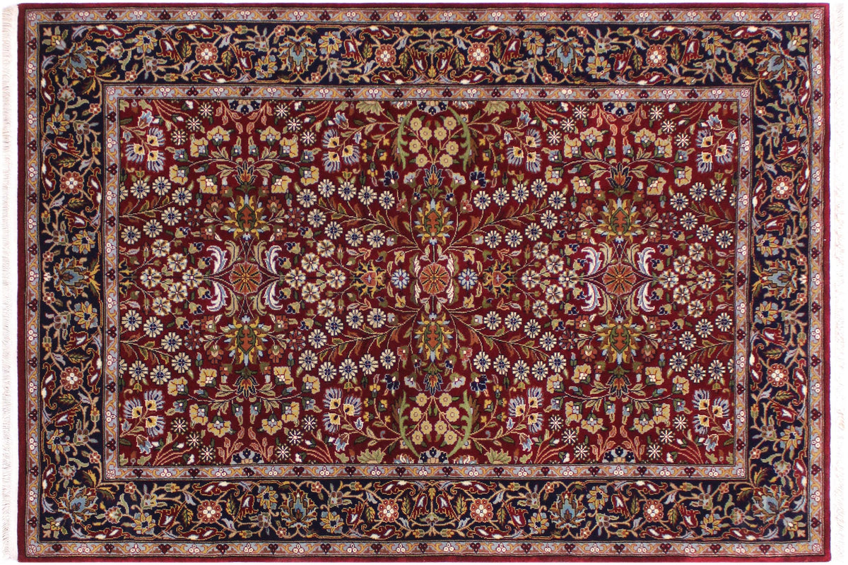 handmade Traditional Hereke Red Blue Hand Knotted RECTANGLE WOOL&SILK area rug 4' x 6'