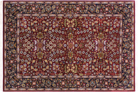 handmade Traditional Hereke Red Blue Hand Knotted RECTANGLE WOOL&SILK area rug 4' x 6'