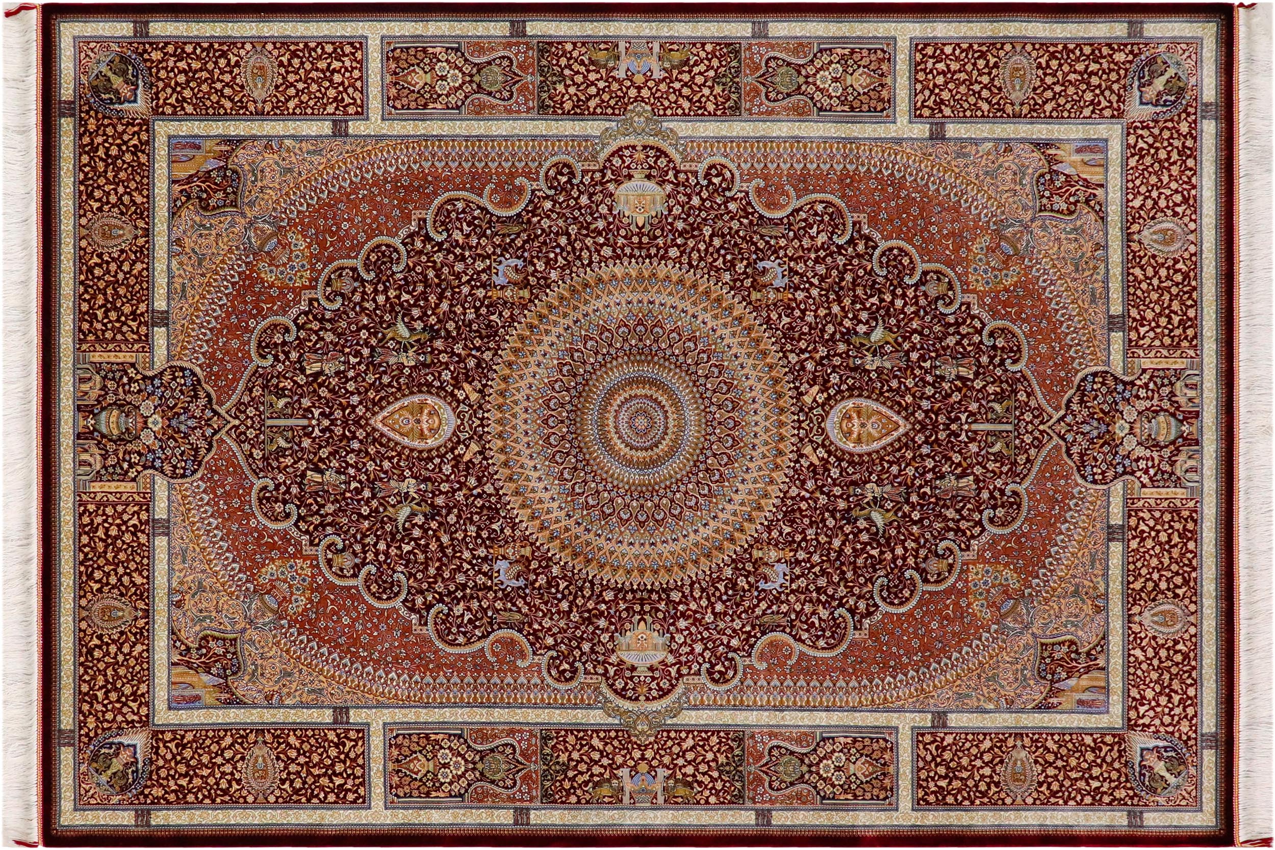 handmade Traditional  Red Red  RECTANGLE SILK area rug 5' x 7'