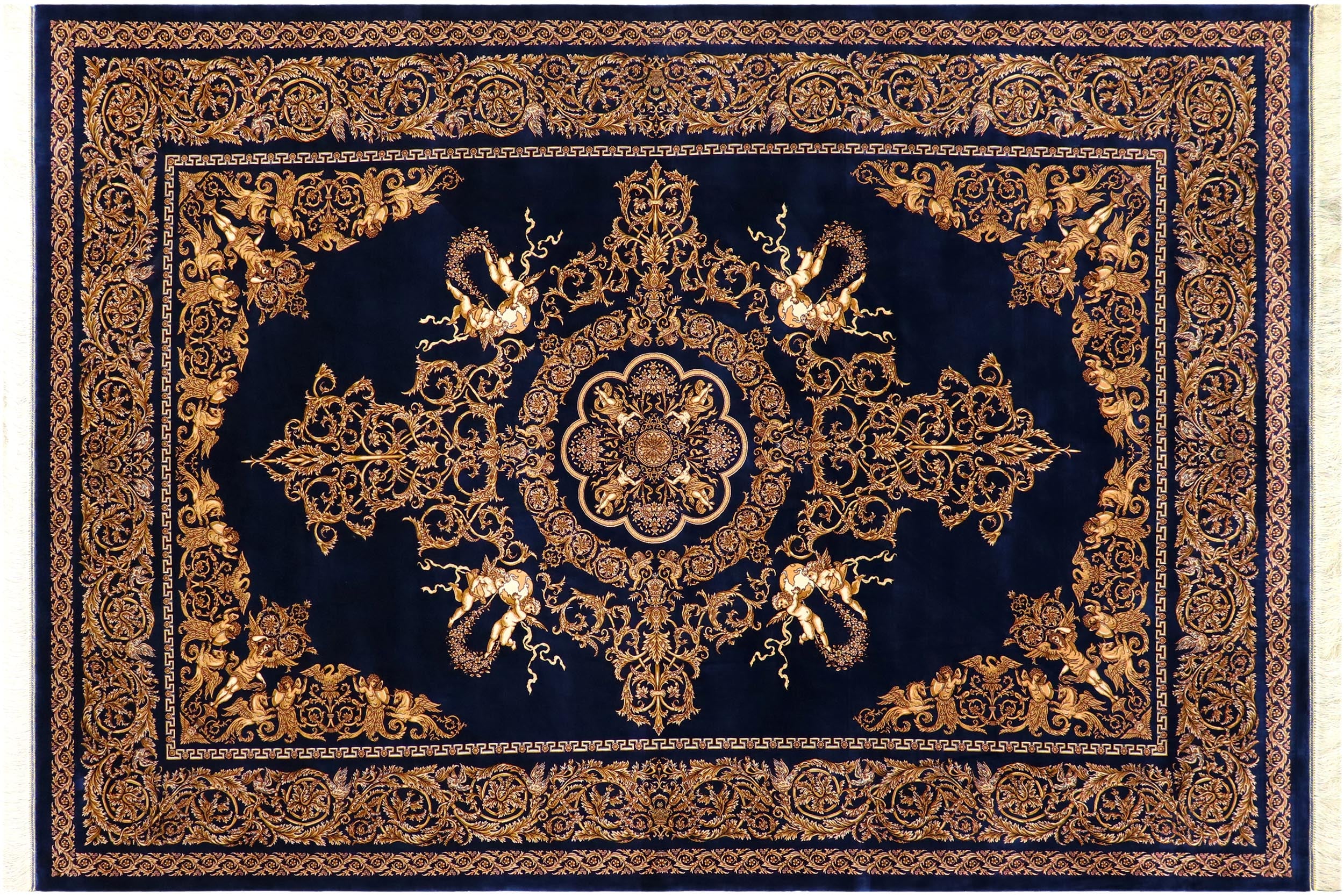 handmade Traditional  Blue Gold  RECTANGLE SILK area rug 7' x 10'