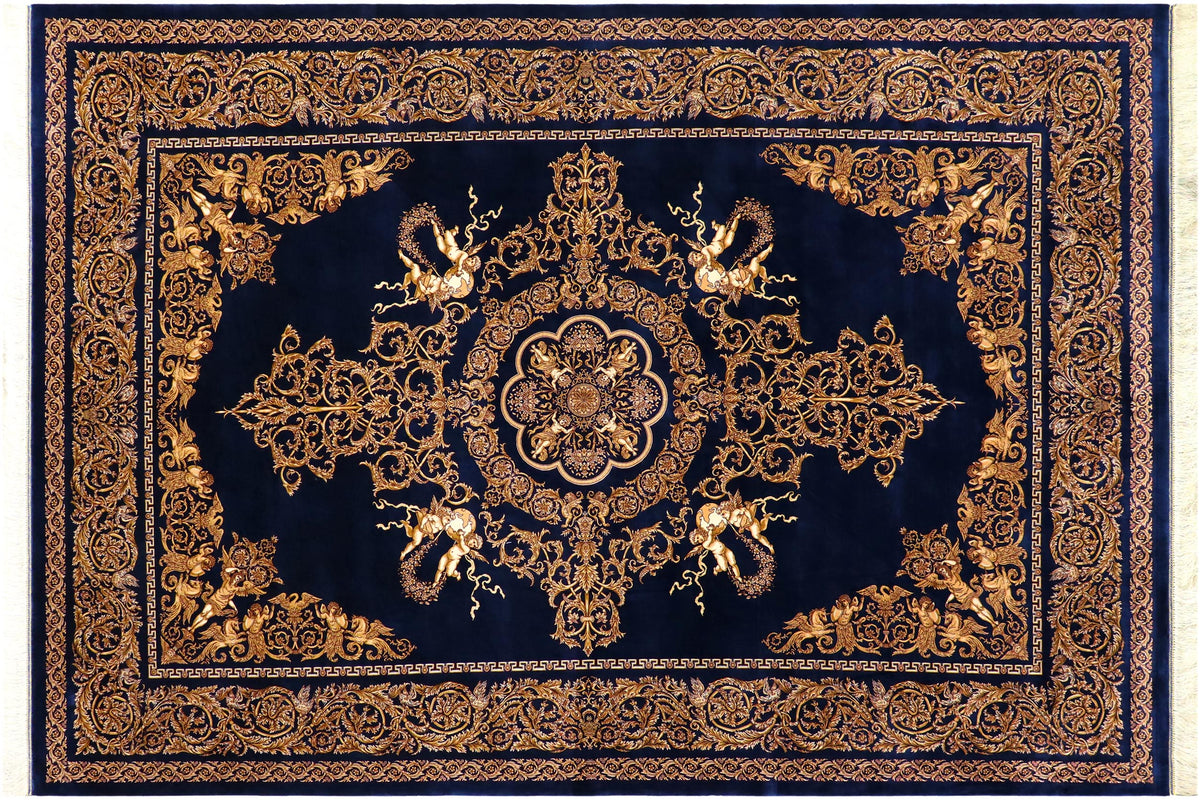 handmade Traditional  Blue Gold  RECTANGLE SILK area rug 7' x 10'