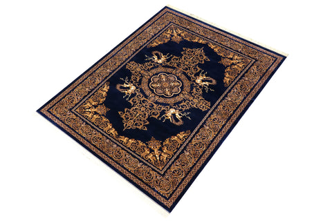 handmade Traditional  Blue Gold  RECTANGLE SILK area rug 7' x 10'