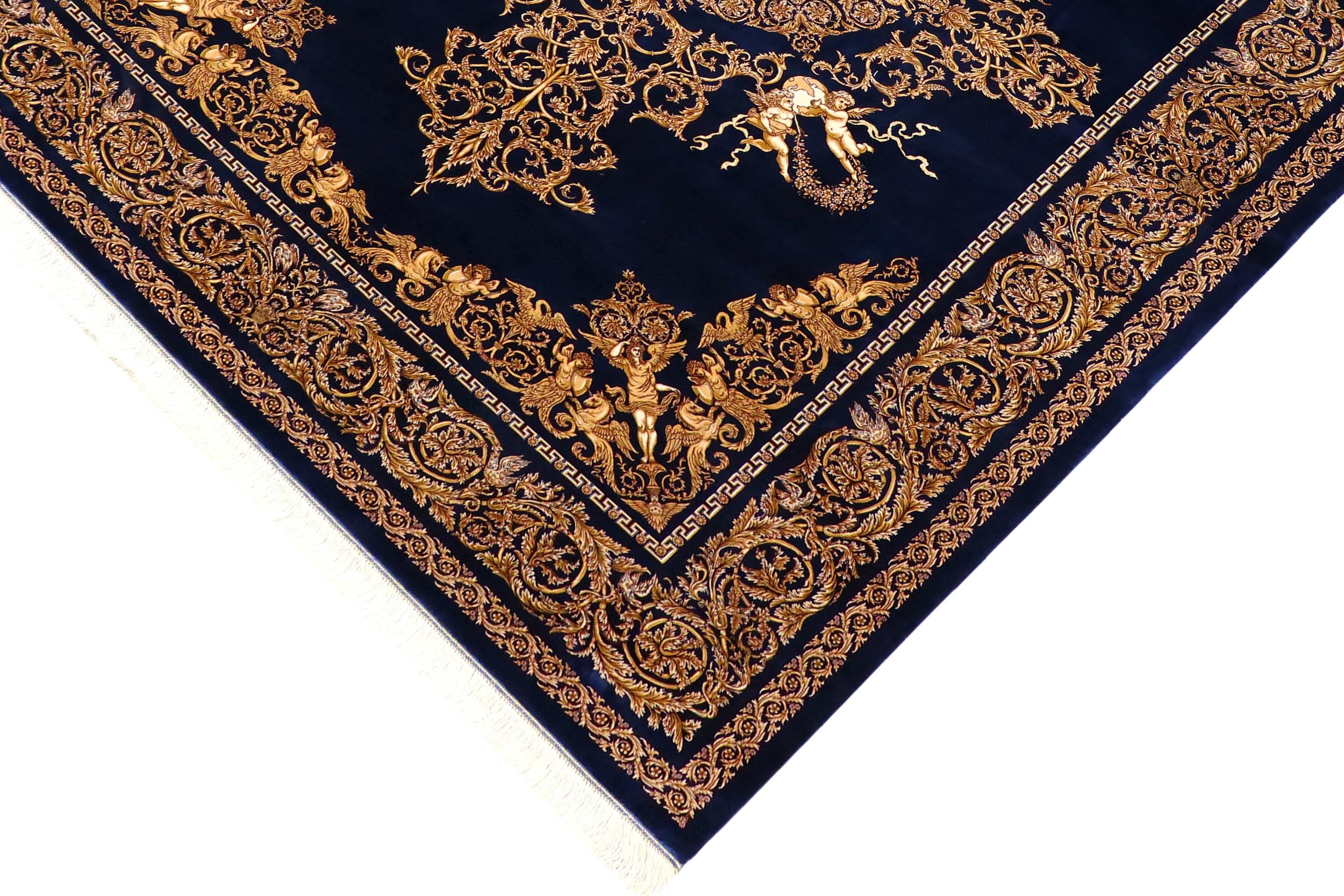 handmade Traditional  Blue Gold  RECTANGLE SILK area rug 7' x 10'