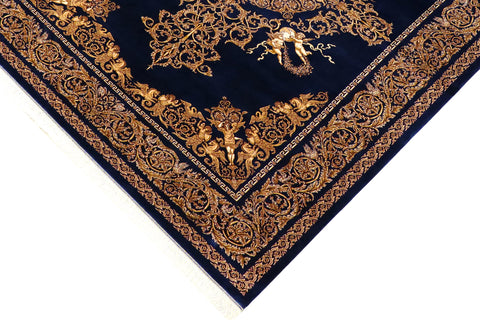 handmade Traditional  Blue Gold  RECTANGLE SILK area rug 7' x 10'