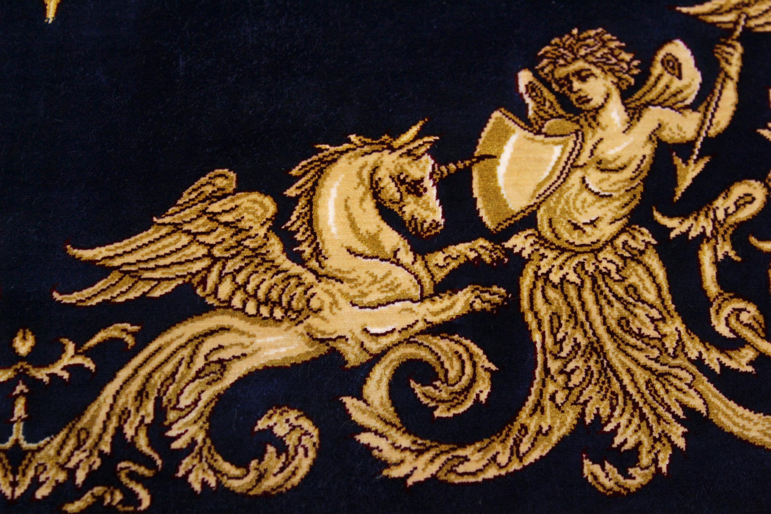 handmade Traditional  Blue Gold  RECTANGLE SILK area rug 7' x 10'