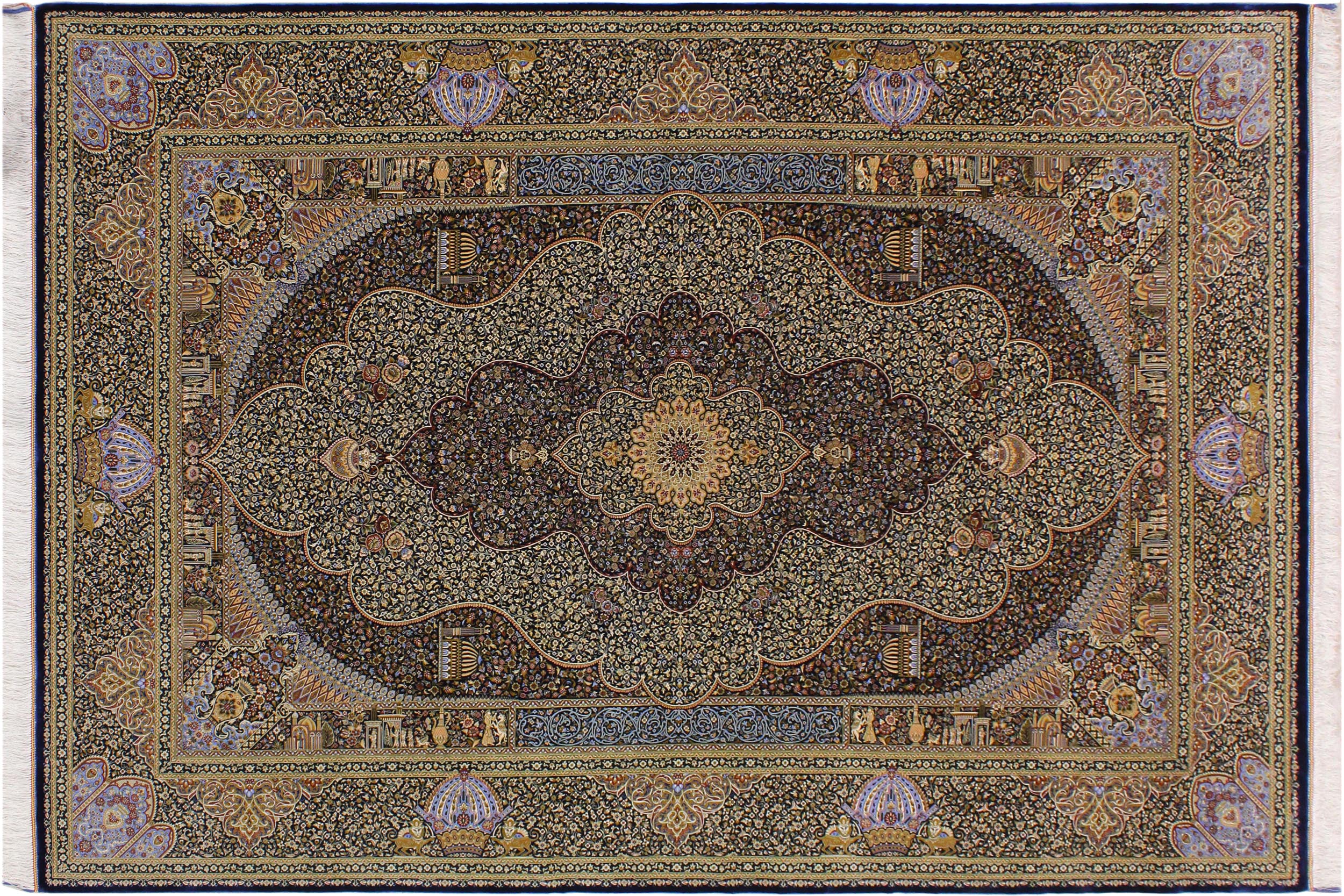 handmade Traditional  Blue Blue  RECTANGLE SILK area rug 7' x 10'
