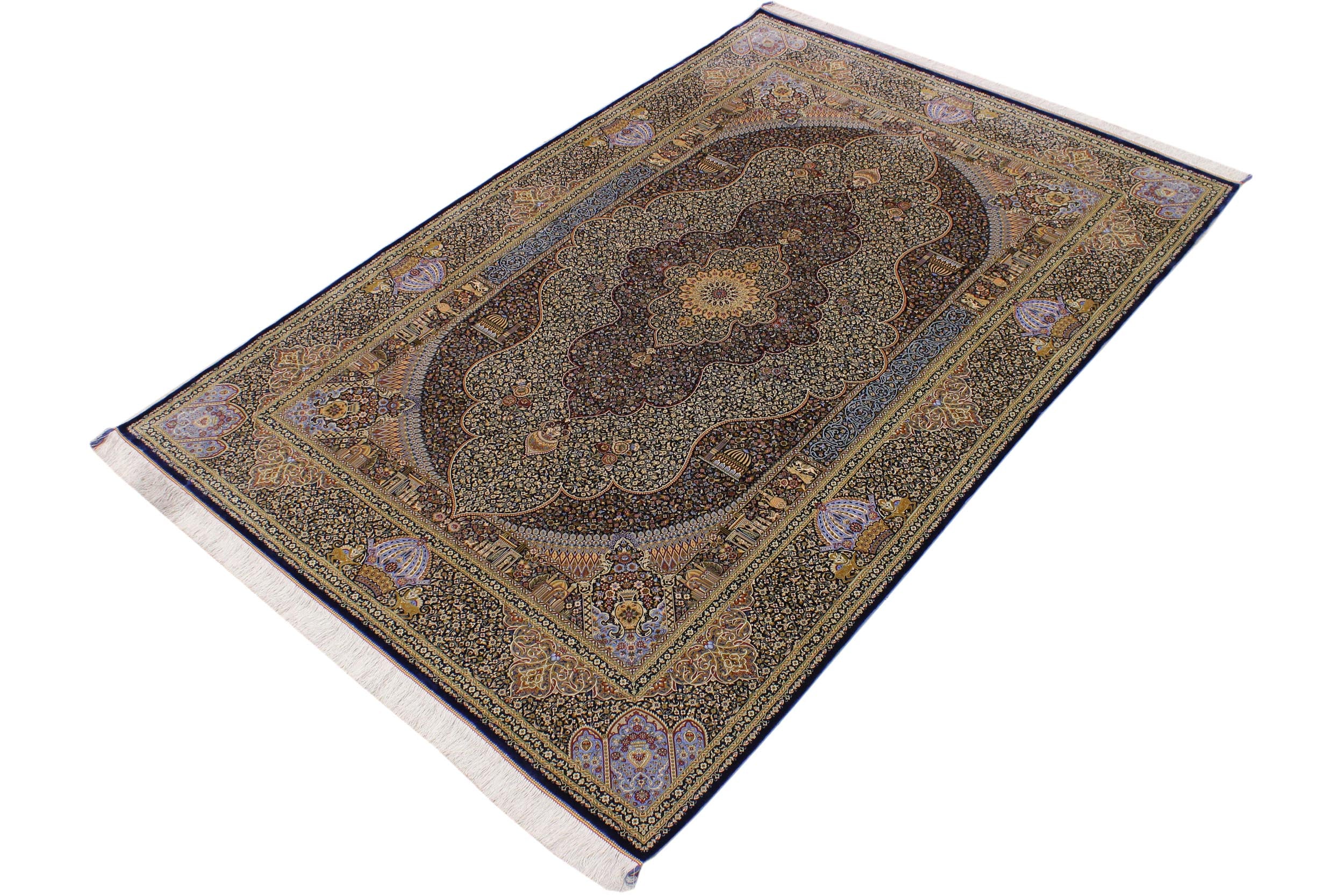 handmade Traditional  Blue Blue  RECTANGLE SILK area rug 7' x 10'