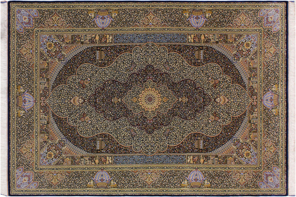 handmade Traditional  Blue Blue  RECTANGLE SILK area rug 7' x 10'