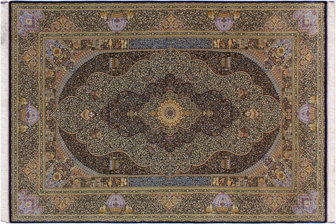 handmade Traditional  Blue Blue  RECTANGLE SILK area rug 7' x 10'