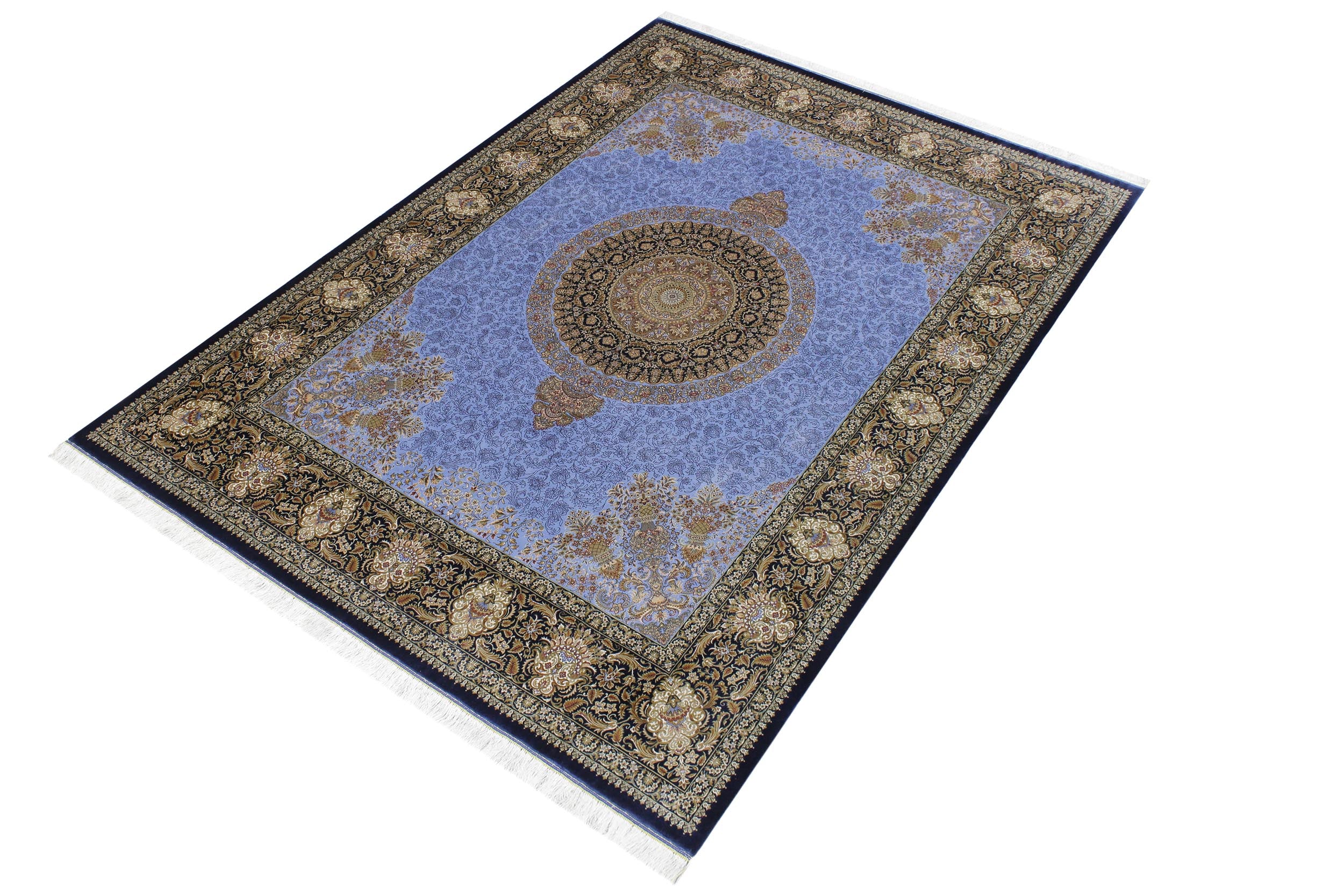 handmade Traditional  Blue Black  RECTANGLE SILK area rug 7' x 8'