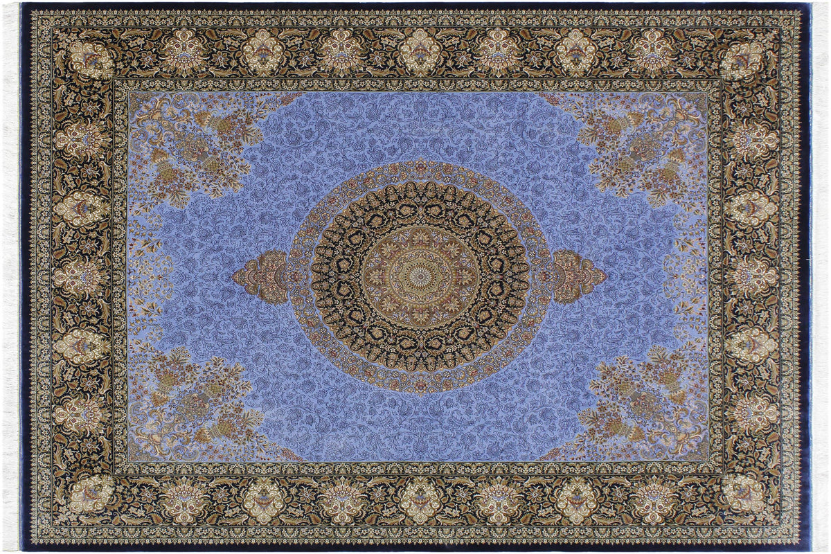 handmade Traditional  Blue Black  RECTANGLE SILK area rug 7' x 8'
