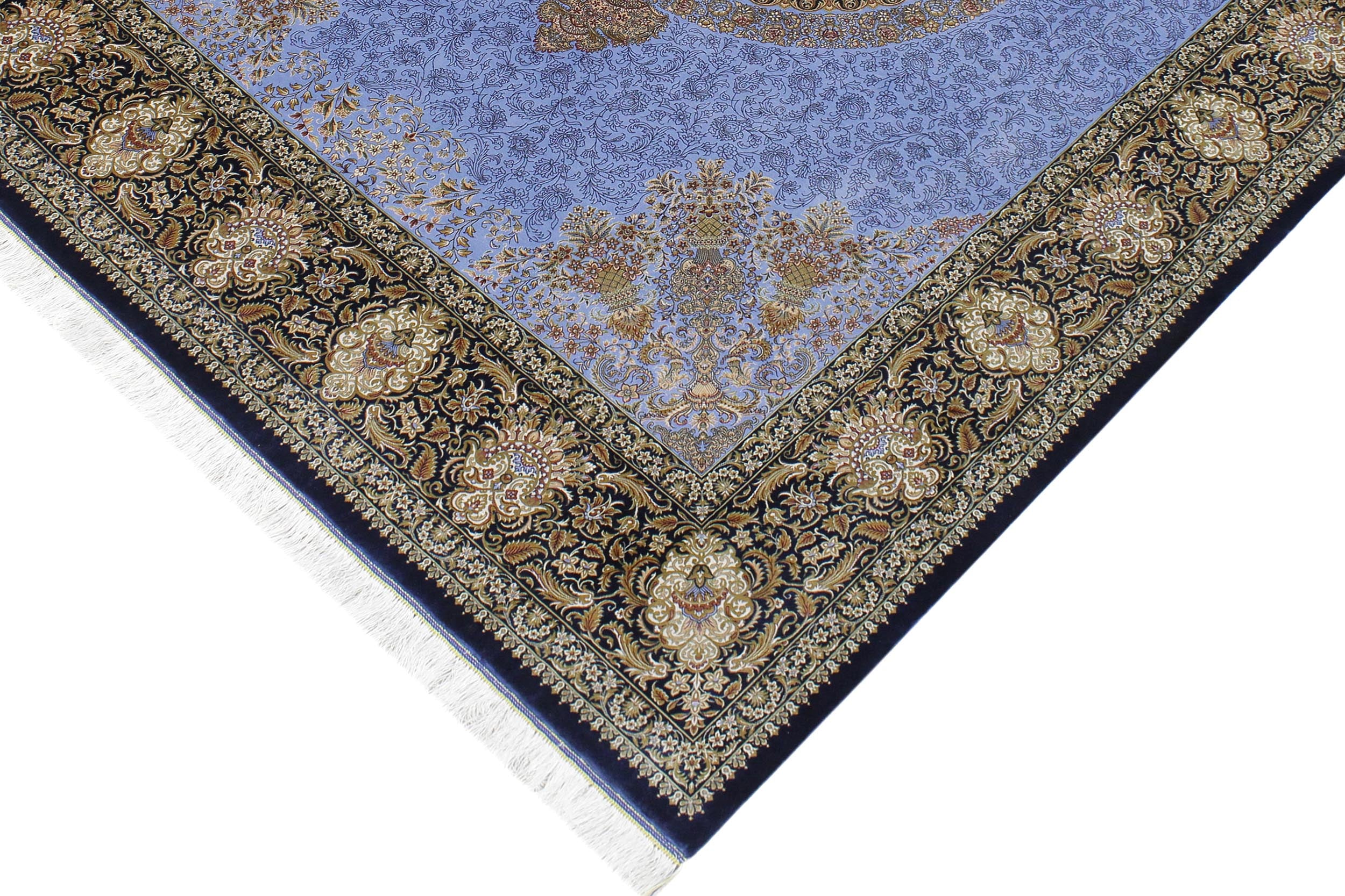 handmade Traditional  Blue Black  RECTANGLE SILK area rug 7' x 8'