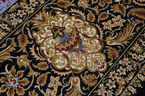 handmade Traditional  Blue Black  RECTANGLE SILK area rug 7' x 8'