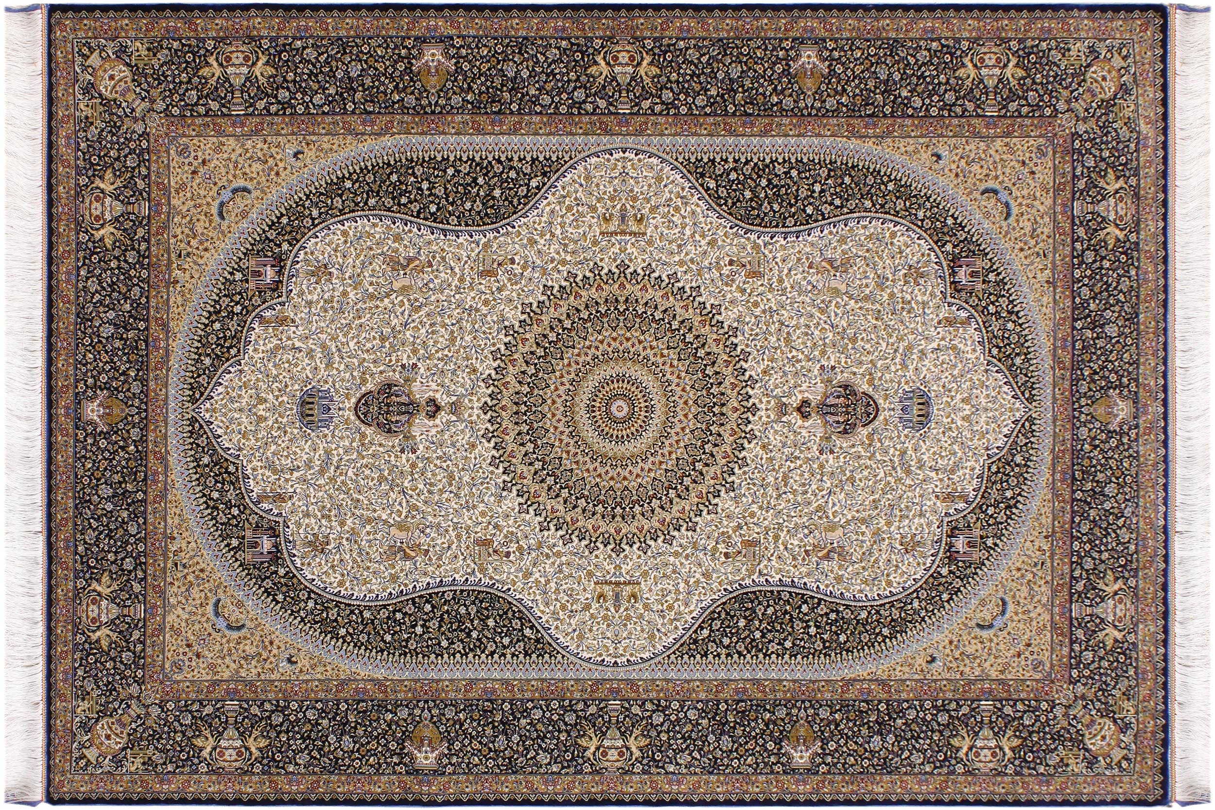 handmade Traditional  Ivory Blue  RECTANGLE SILK area rug 5' x 7'
