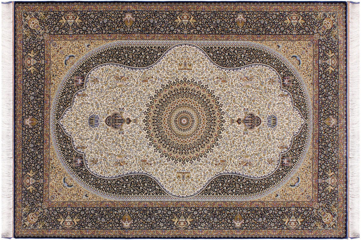 handmade Traditional  Ivory Blue  RECTANGLE SILK area rug 5' x 7'