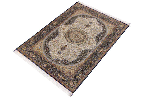 handmade Traditional  Ivory Blue  RECTANGLE SILK area rug 5' x 7'