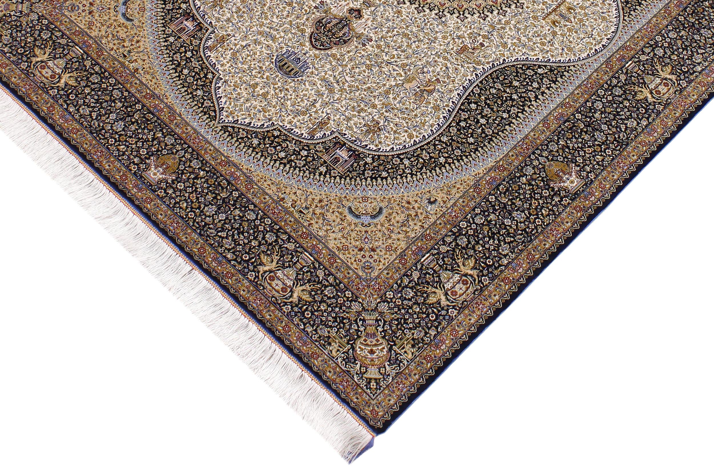 handmade Traditional  Ivory Blue  RECTANGLE SILK area rug 5' x 7'