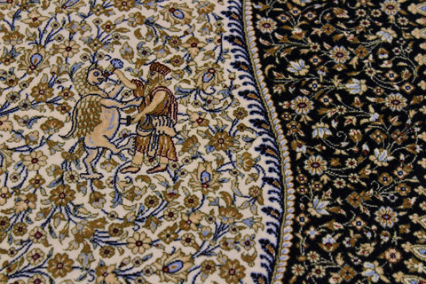 handmade Traditional  Ivory Blue  RECTANGLE SILK area rug 5' x 7'