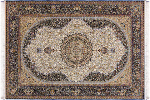 handmade Traditional  Ivory Blue  RECTANGLE SILK area rug 5' x 7'
