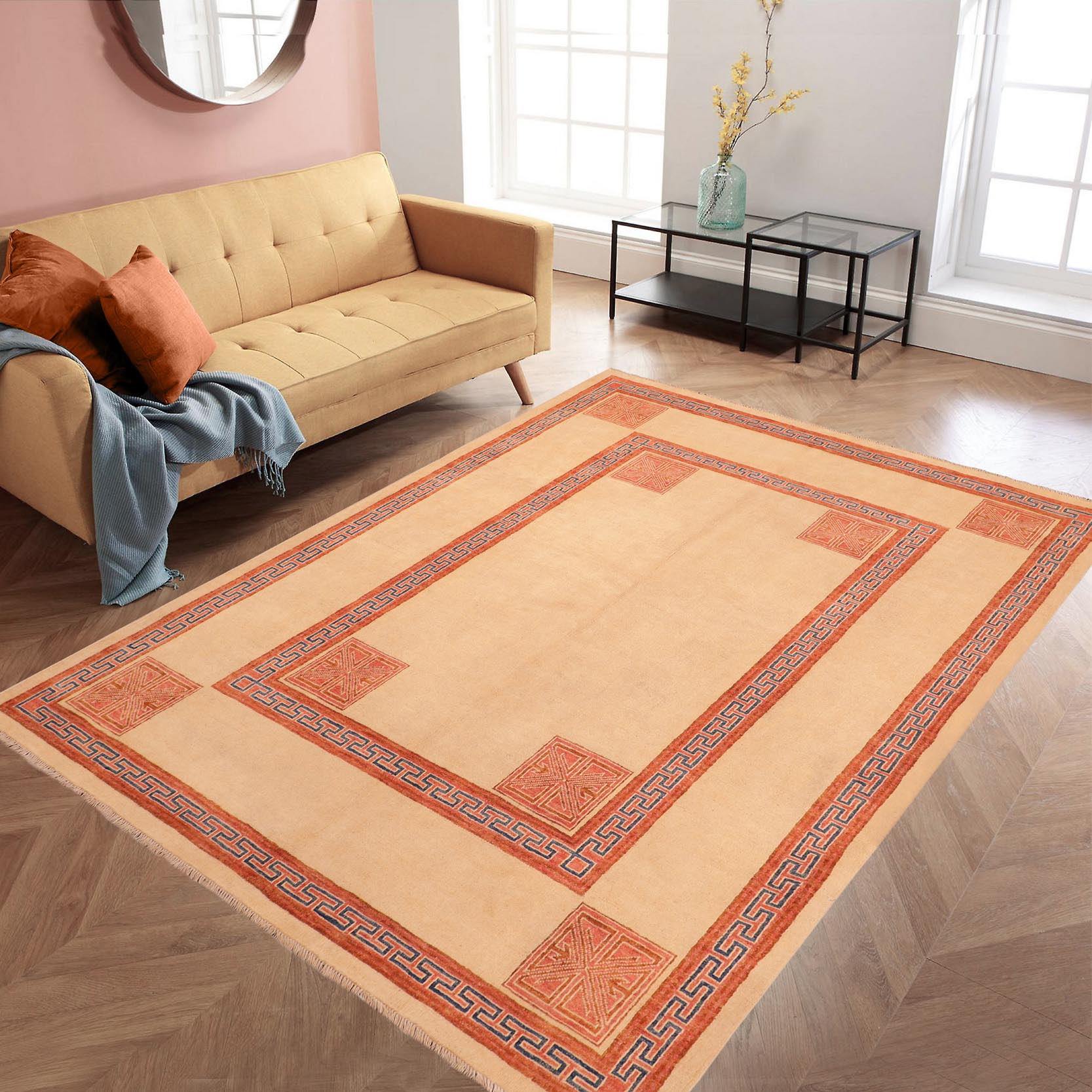 handmade Modern Kotan Beige Rust Hand Knotted RECTANGLE 100% WOOL area rug 6' x 8'