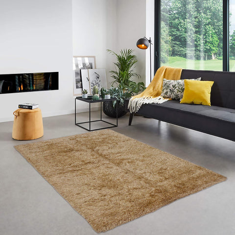 handmade Modern Shag Gold Gold Hand Knotted RECTANGLE 100% WOOL area rug 5' x 8'